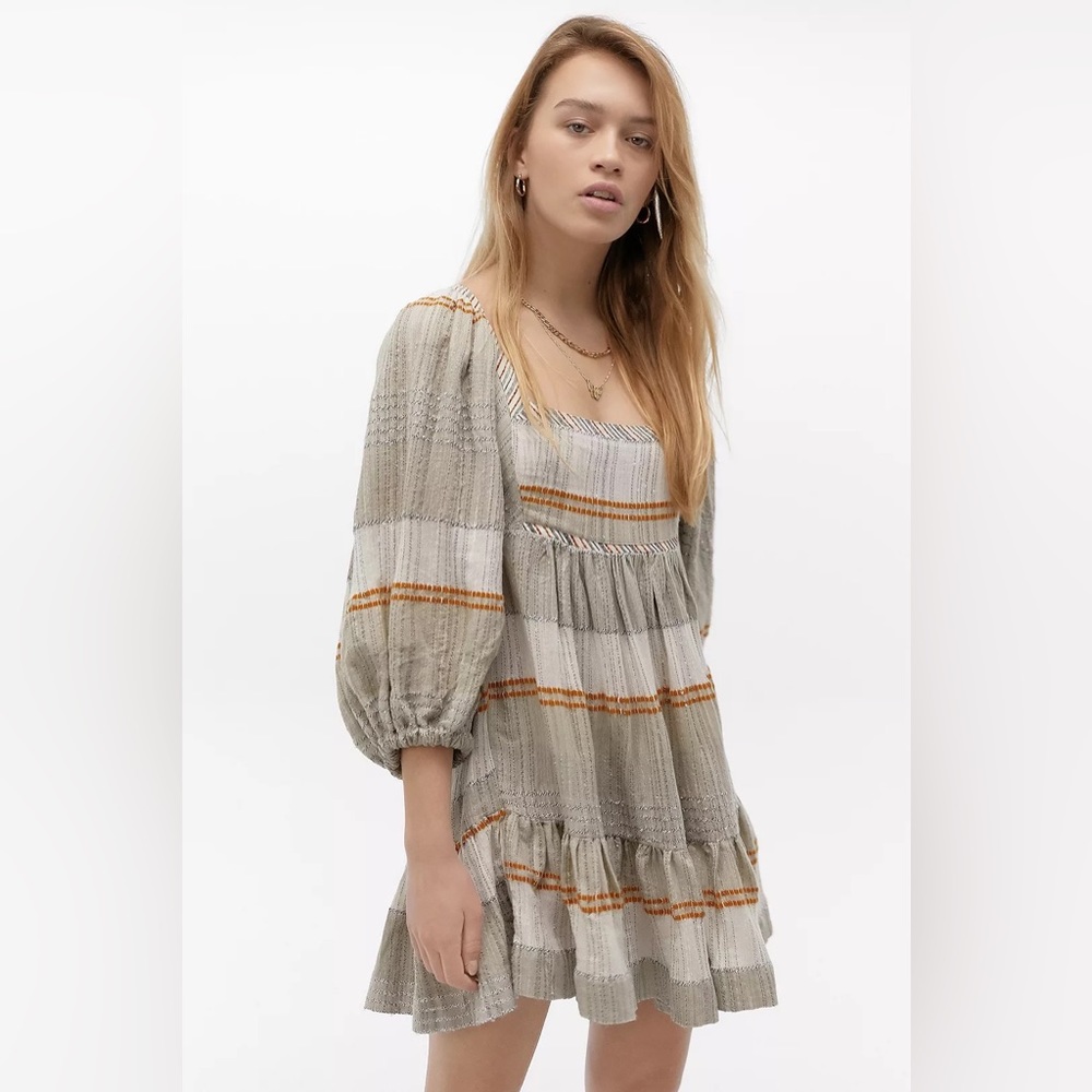 Extra small Free People Cosy Striped Mini Dress tan orange white
